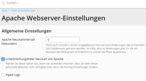 Screenshot Apache Webserver Einstellungen Plesk Unterbrechungsfreier Neustart von Apache