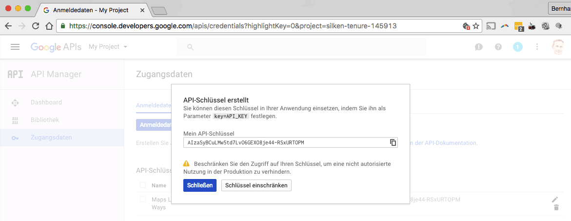 Google Maps API Schlüssel erstellt Google Maps API Schlüssel erstellt