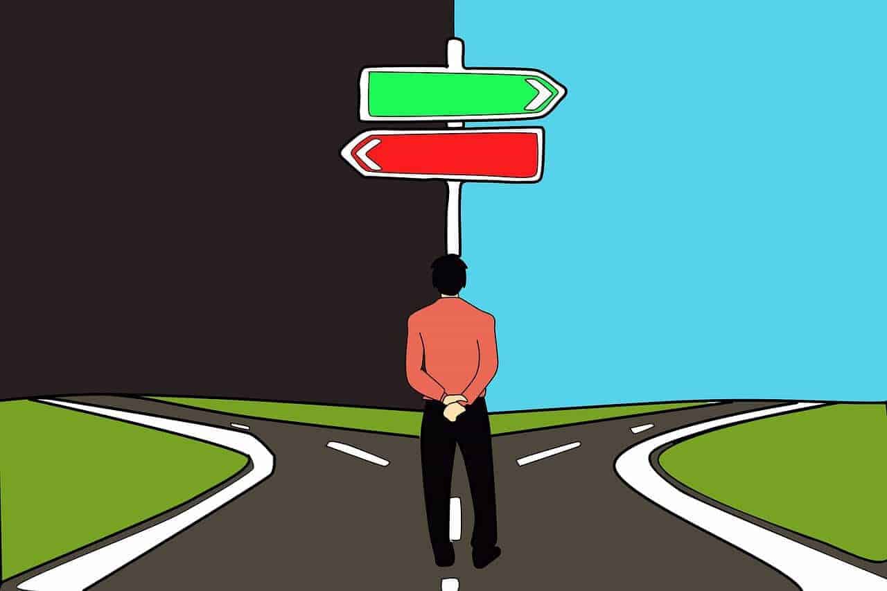 Vector, royalty free, with man in front of two signposts without text