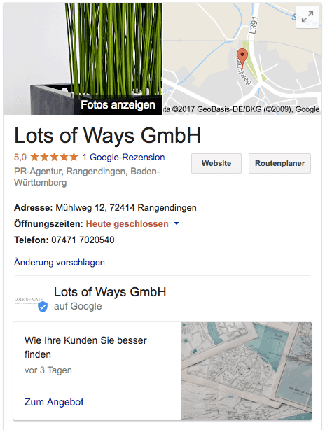 Anschrift, Kundenbewertungen, Öffnungszeiten und Neuigkeiten eines Unternehmens in Google Maps Anschrift, Kundenbewertungen, Öffnungszeiten und Neuigkeiten eines Unternehmens in Google Maps