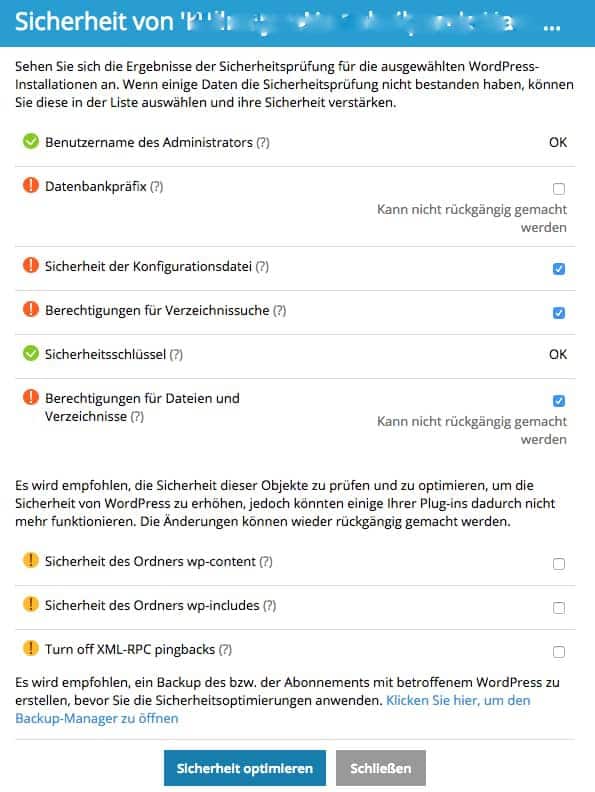 Empfehlenswerte Einstellungen Plesk WordPress Security Toolkit