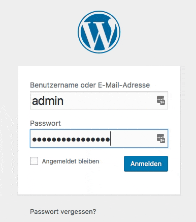 WordPress Login Screen mit User Name Admin