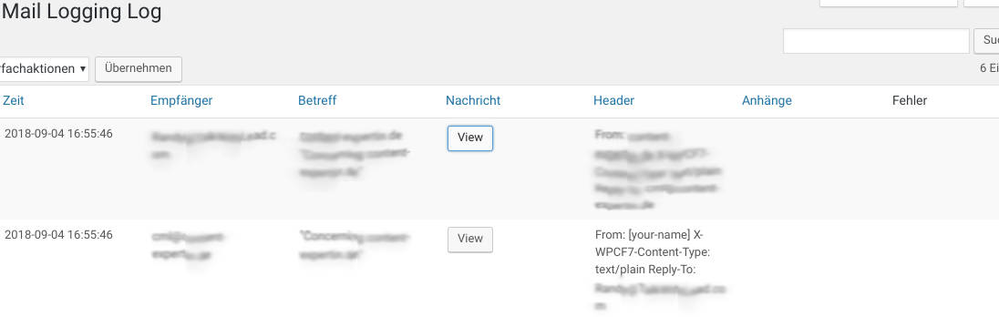 WordPress Mail Logging: Übersicht über die von der WordPress-Installation verschickten Mails