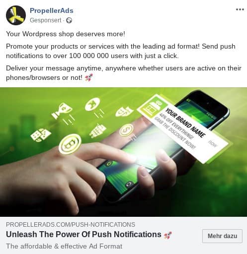 Facebook Ad, in dem Publishern Push Ads angeboten werden - der pure Spam