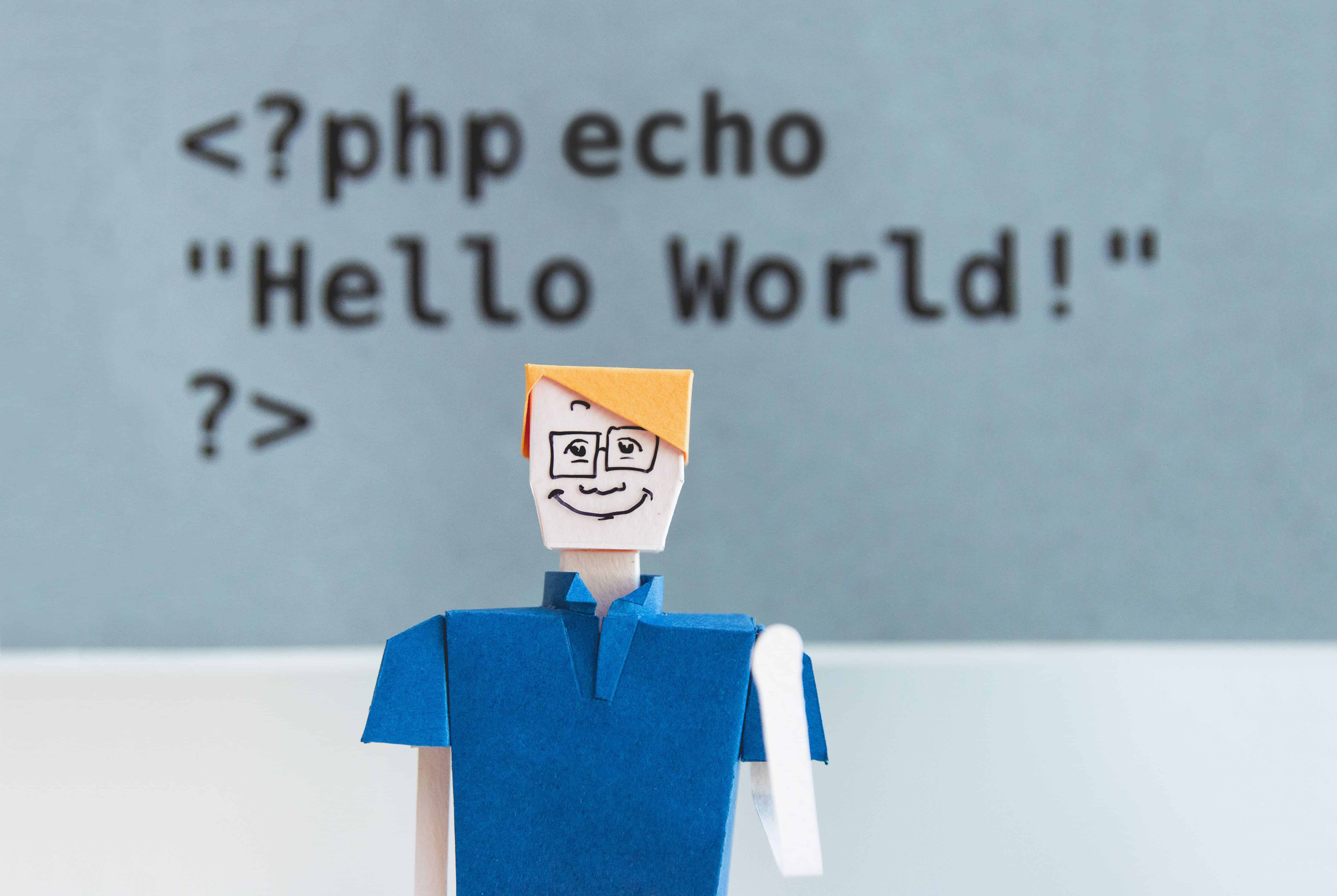 Cartoon figure in front of a lettering with PHP code