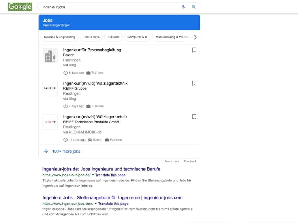 Screenshot aus Google Jobs mit Job-Recherche / Suchanfrage und Job Box für Ingenieur Jobs