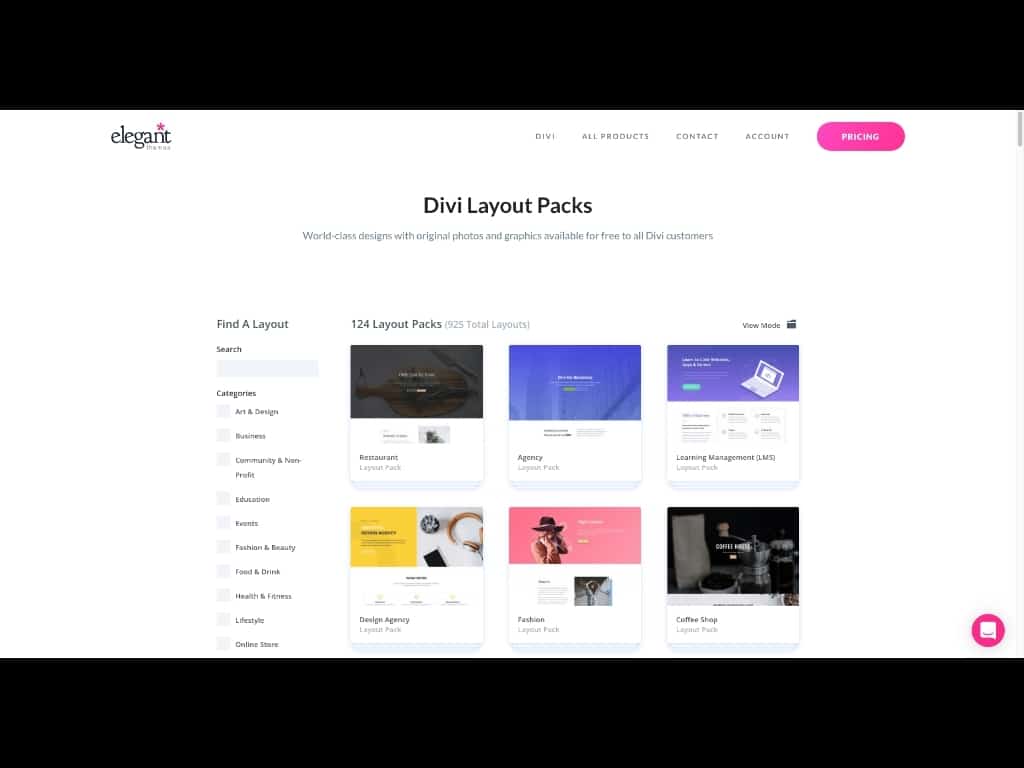 Screenshot Übersicht kostenlose Divi Theme Layout Packs auf www.elegantthemes.com