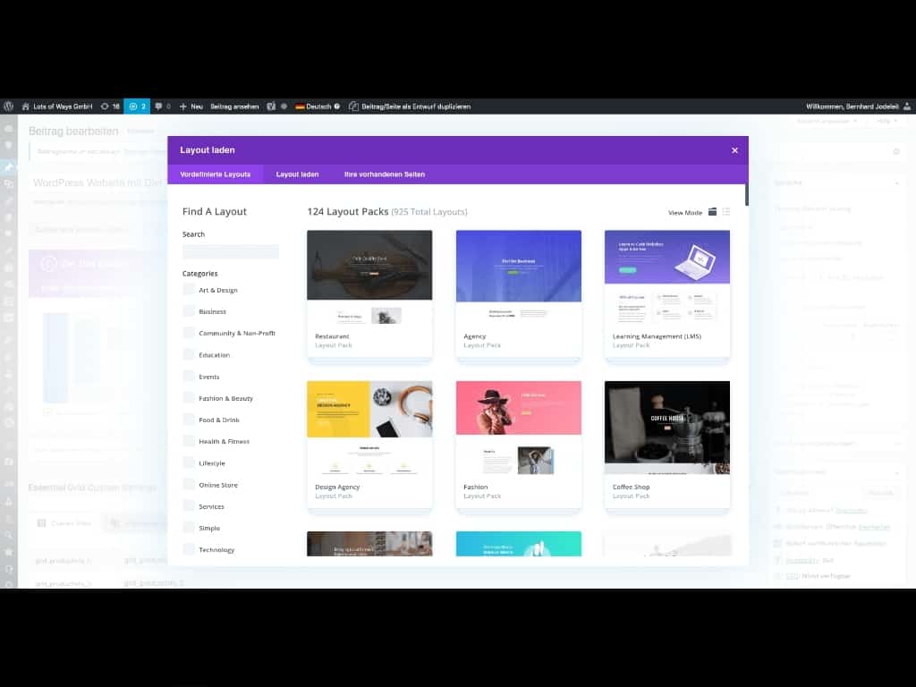 Übersicht Divi Theme Layout Packs im WordPress Backend