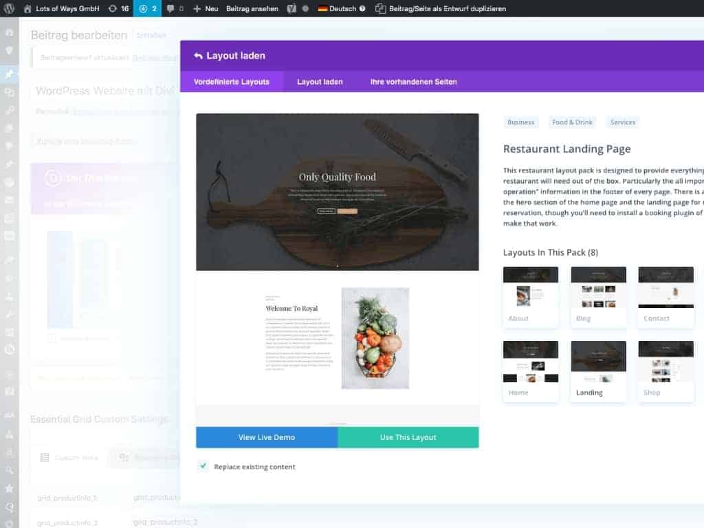 Screenshot: Load layout in Divi Theme