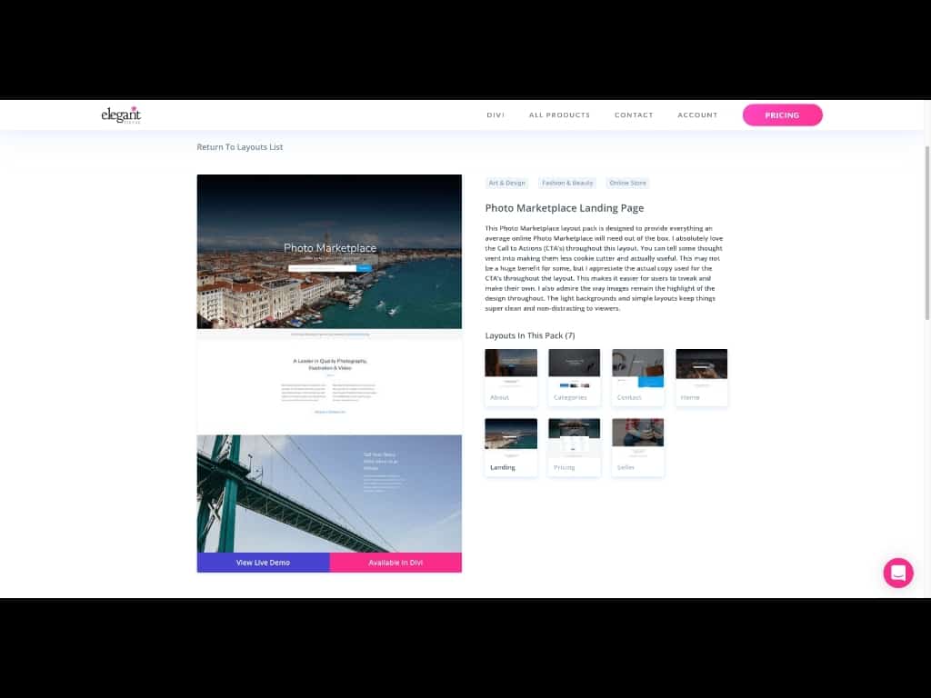 Screenshot: Detail-Ansicht Divi Theme Layout Pack mit Unterseiten