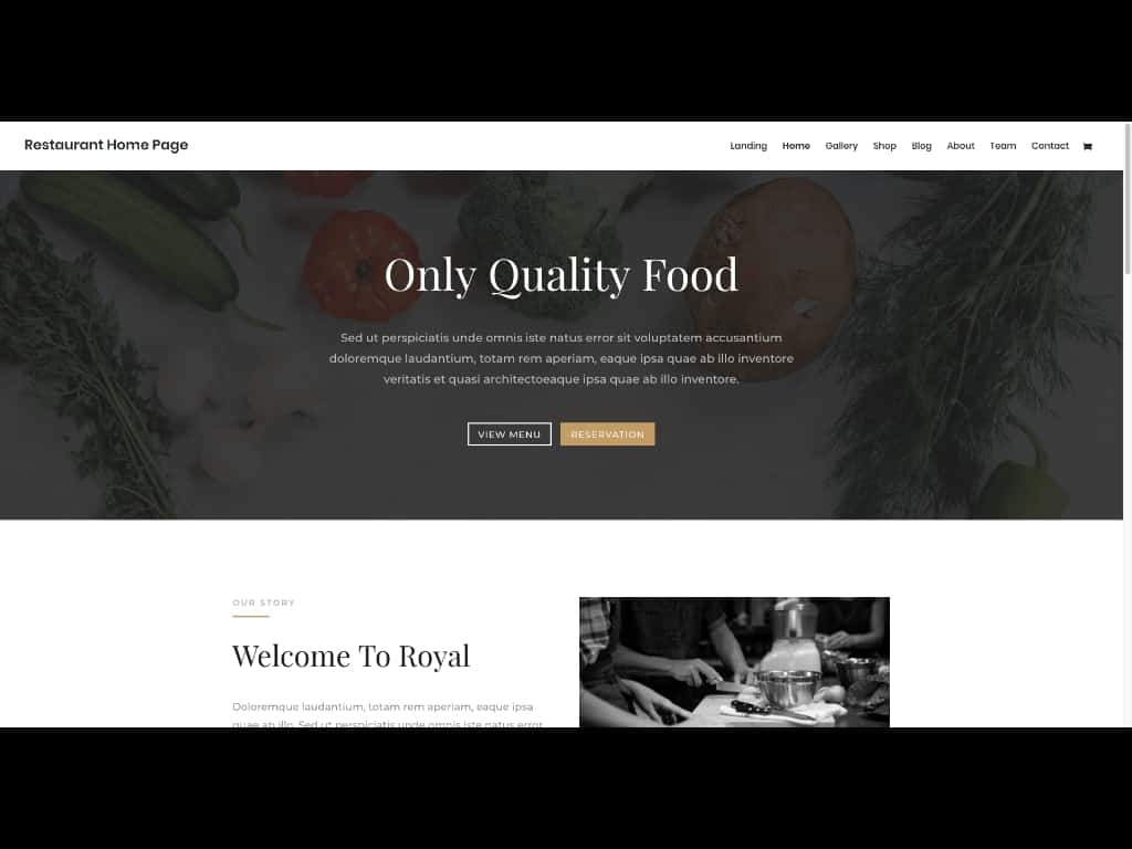 Dieses Beispiel zeigt die Vorlage für eine Restaurant-Website, die in den kostenlosen Layout Packs zum Divi Theme enthalten ist.