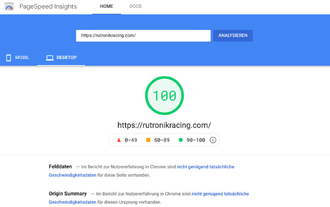 Screenshot: Google Page Speed Score 100 von 100 für die neue Rutronik Racing Website